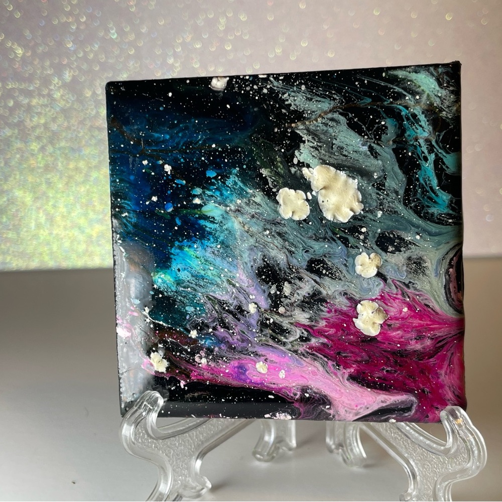 Blacklight Resin Abstract Canvas Art with Black, Pink, and Blue
